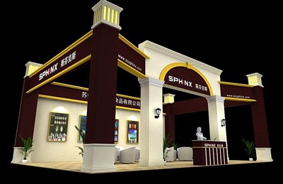70平米展臺(tái)設(shè)計(jì)制作：三面開口/歐式/木質(zhì)結(jié)構(gòu)/米色，為食品展展商而作（免費(fèi)使用）