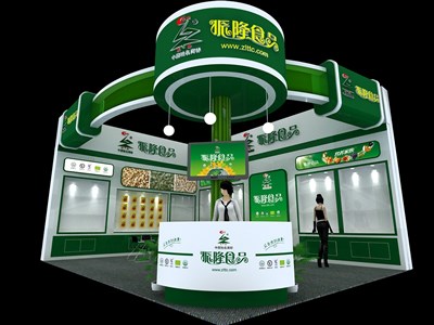 48平米展臺(tái)設(shè)計(jì)制作：二面開(kāi)口/現(xiàn)代/木質(zhì)結(jié)構(gòu)/綠色，為食品展展商而作（免費(fèi)使用）