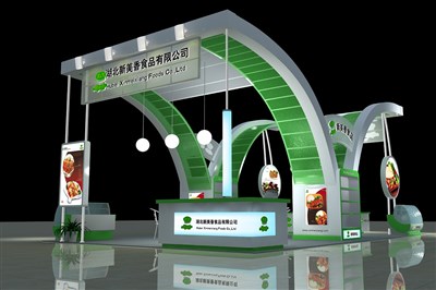 60平米展臺(tái)設(shè)計(jì)制作：四面開口/前衛(wèi)/木質(zhì)結(jié)構(gòu)/綠色，為食品展展商而作（免費(fèi)使用）