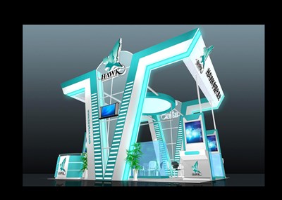 36平米展臺(tái)設(shè)計(jì)制作：三面開口/現(xiàn)代/木質(zhì)結(jié)構(gòu)/藍(lán)色，為家電展展商而作（免費(fèi)使用）