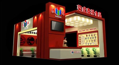 54平米展臺設計制作：三面開口/前衛(wèi)/木質(zhì)結(jié)構(gòu)/紅色，為食品展展商而作（免費使用）