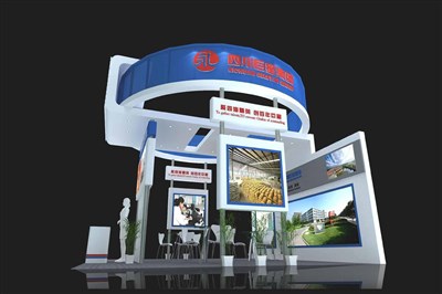 36平米展臺(tái)設(shè)計(jì)制作：三面開口/現(xiàn)代/木質(zhì)結(jié)構(gòu)/藍(lán)色，為食品展展商而作（免費(fèi)使用）