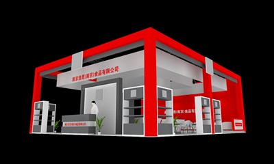 120平米展臺設計制作：三面開口/現(xiàn)代/木質結構/紅色，為食品展展商而作（免費使用）