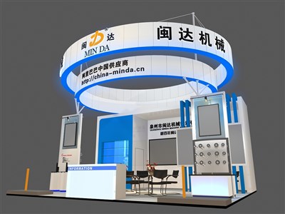 42平米展臺設(shè)計(jì)制作：三面開口/現(xiàn)代/木質(zhì)結(jié)構(gòu)/白色，為機(jī)械展展商而作（免費(fèi)使用）