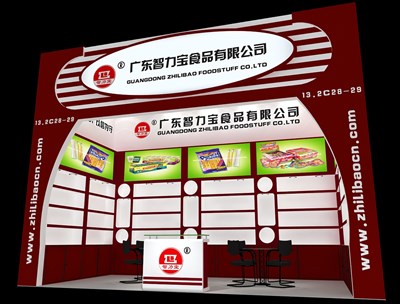 18平米展臺(tái)設(shè)計(jì)制作：一面開口/現(xiàn)代/木質(zhì)結(jié)構(gòu)/紅色，為食品展展商而作（免費(fèi)使用）