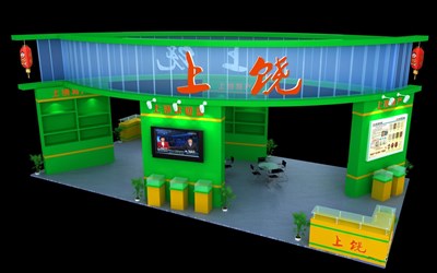 72平米展臺設計制作：四面開口/現(xiàn)代/木質(zhì)結(jié)構(gòu)/綠色，為食品展展商而作（免費使用）
