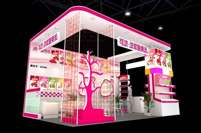 24平米展臺設計制作：三面開口/現(xiàn)代/木質結構/粉色，為食品展展商而作（免費使用）