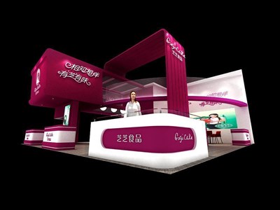 144平米展臺設(shè)計制作：三面開口/現(xiàn)代/木質(zhì)結(jié)構(gòu)/粉色，為食品展展商而作（免費使用）