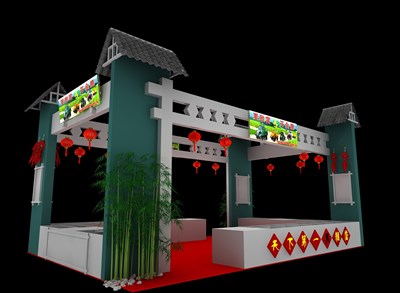 54平米展臺設計制作：二面開口/田園/木質(zhì)結構/綠色，為食品展展商而作（免費使用）