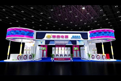 312平米展臺設(shè)計制作：四面開口/現(xiàn)代/木質(zhì)結(jié)構(gòu)/彩色，為家電展展商而作（免費使用）
