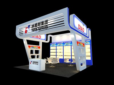 36平米展臺設(shè)計(jì)制作：三面開口/現(xiàn)代/木質(zhì)結(jié)構(gòu)/彩色，為日用品展展商而作（免費(fèi)使用）