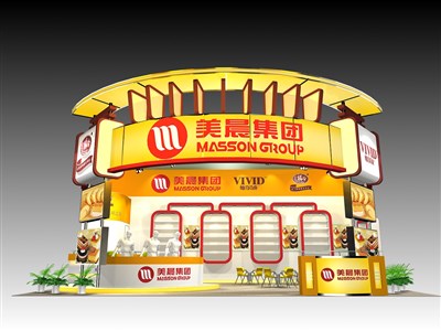 60平米展臺設(shè)計制作：三面開口/現(xiàn)代/木質(zhì)結(jié)構(gòu)/黃色，為食品展展商而作（免費(fèi)使用）