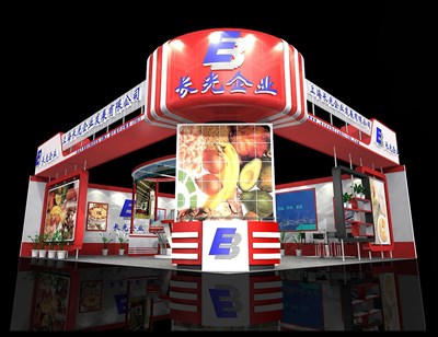 89.2平米展臺(tái)設(shè)計(jì)制作：二面開(kāi)口/現(xiàn)代/木質(zhì)結(jié)構(gòu)/紅色，為食品展展商而作（免費(fèi)使用）