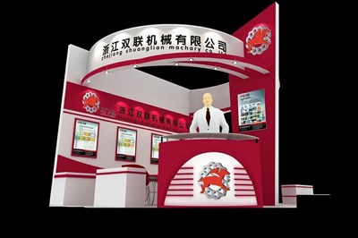 18平米展臺設計制作：二面開口/前衛(wèi)/木質(zhì)結(jié)構(gòu)/紅色，為機械展展商而作（免費使用）