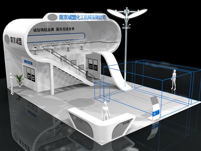 108平米展臺設(shè)計制作：三面開口/現(xiàn)代/雙層結(jié)構(gòu)/白色，為汽配展展商而作（免費使用）