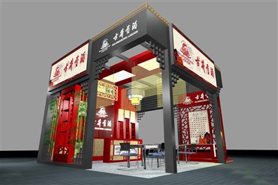 36平米展臺設(shè)計制作：三面開口/中式/木質(zhì)結(jié)構(gòu)/灰色，為糖酒展展商而作（免費(fèi)使用）