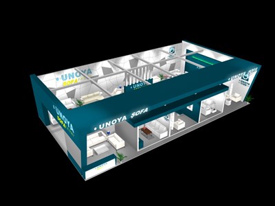 90平米展臺設(shè)計制作：二面開口/現(xiàn)代/型材結(jié)構(gòu)/藍(lán)色，為家具展展商而作（免費(fèi)使用）