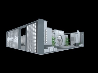 132平米展臺(tái)設(shè)計(jì)制作：三面開口/前衛(wèi)/型材結(jié)構(gòu)/灰色，為房產(chǎn)展展商而作（免費(fèi)使用）