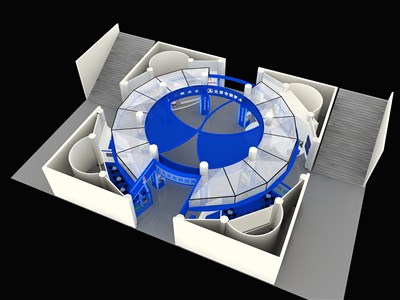 1024平米展臺(tái)設(shè)計(jì)制作：四面開(kāi)口/現(xiàn)代/型材結(jié)構(gòu)/白色，為旅游展展商而作（免費(fèi)使用）