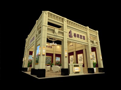 110平米展臺設計制作：二面開口/歐式/木質(zhì)結(jié)構(gòu)/米色，為房產(chǎn)展展商而作（免費使用）