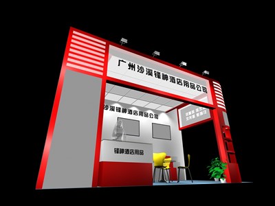 18平米展臺設(shè)計制作：二面開口/現(xiàn)代/木質(zhì)結(jié)構(gòu)/紅色，為綜合展展商而作（免費使用）