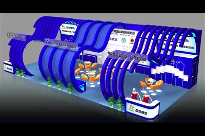 128平米展臺設(shè)計(jì)制作：三面開口/現(xiàn)代/木質(zhì)結(jié)構(gòu)/藍(lán)色，為建材展展商而作（免費(fèi)使用）