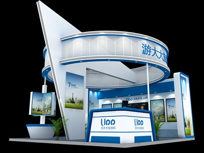 36平米展臺設(shè)計制作：三面開口/現(xiàn)代/木質(zhì)結(jié)構(gòu)/藍色，為建材展展商而作（免費使用）
