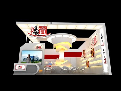 88平米展臺設(shè)計制作：二面開口/現(xiàn)代/木質(zhì)結(jié)構(gòu)/米色，為食品展展商而作（免費使用）