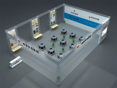 204平米展臺設(shè)計制作：三面開口/現(xiàn)代/桁架結(jié)構(gòu)/藍色，為綜合展展商而作（免費使用）