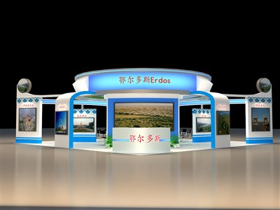 100平米展臺設計制作：四面開口/現(xiàn)代/型材結(jié)構(gòu)/藍色，為旅游展展商而作（免費使用）