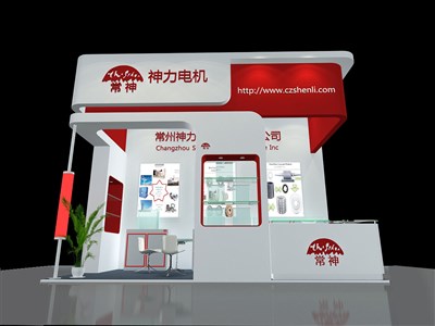 18平米展臺設計制作：三面開口/現(xiàn)代/木質結構/紅色，為機械展展商而作（免費使用）